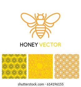 Vector logo and packaging design templates in trendy linear style - natural and farm honey packaging - labels and tags with seamless patterns