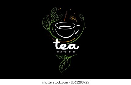 Logo vectorial con una taza de té pintada y hojas sobre un fondo negro