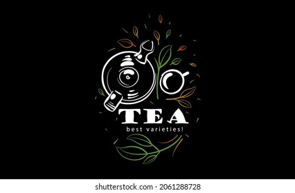 Vector logo with a painted teapot, a cup of tea and leaves on a black background