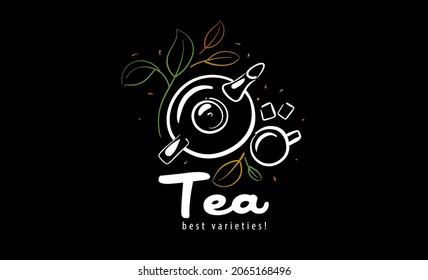 Vector logo with a painted teapot, a cup of tea and leaves on a black background
