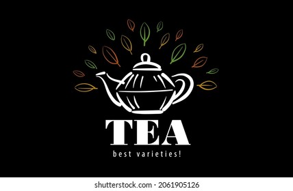 Vector logo with a painted teapot and leaves on a black background