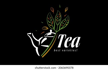 Vector Logo With A Painted Teapot And Leaves On A Black Background