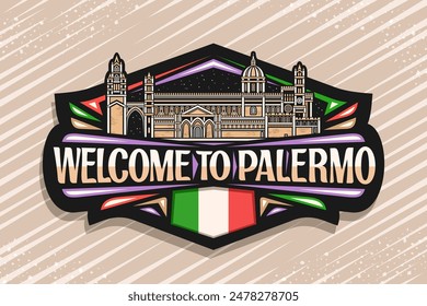 Vector logo for Palermo, black decorative signage with illustration of roman catholic archdiocese of palermo on dusk sky background, line art design refrigerator magnet with words welcome to palermo