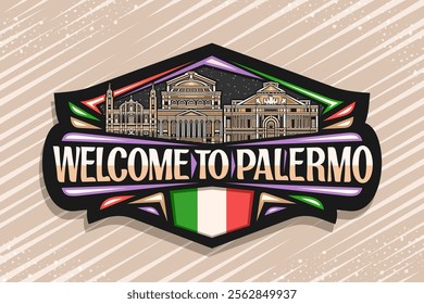 Vector logo for Palermo, black decorative tag with outline illustration of historical palermo city scape on evening sky background, art design horizontal fridge magnet with words welcome to palermo