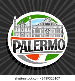 Logotipo vectorial para Palermo, etiqueta decorativa blanca con ilustración de contorno de paisaje urbano europeo de palermo sobre fondo de cielo de día, imán de refrigerador de diseño de arte con letras únicas para texto negro palermo