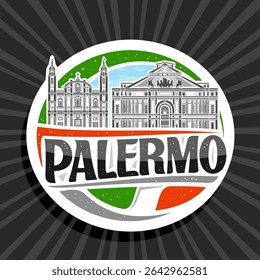 Logotipo vetorial para Palermo, marca decorativa branca com esboço ilustração da paisagem da cidade europeia de palermo no fundo do céu do dia, desenho de arte do ímã de geladeira com letras únicas para o texto preto palermo