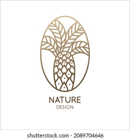 Vector logo of palm in oval. Tropical leafs linear emblem for design of business, holiday, travel agency, ecology and resort concept, tourism, spa and natural cosmetics. Minimal illustration