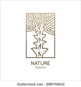 Vector logo of palm in rectangle . Tropical leafs linear emblem for design of business, holiday, travel agency, ecology and resort concept, tourism, spa and natural cosmetics. Minimal illustration