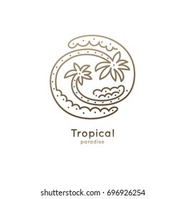 Vector logo of palms with clouds and sea isolated. Linear round emblem of tropical trees for design of business, holiday, travel agency, ecology, Yin Yang concept, tourism, adventure and rest.