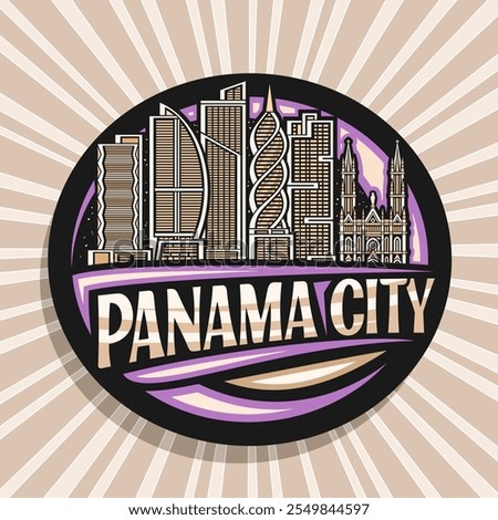 Vector logo for Panama City, dark decorative label with illustration of urban american city scape on nighttime sky background, art design refrigerator magnet with unique lettering for text panama city