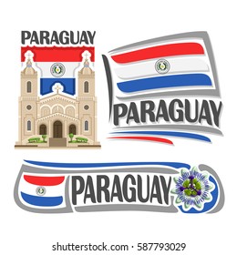 Logo vector Paraguay, 3 imágenes aisladas: Catedral Nuestra Senora en Encarnación sobre la bandera nacional del estado paraguayo, símbolo de arquitectura de la república paraguaya, paraguay de bandera simple cerca de la flor de la pasión.