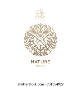 Vector logo pattern of nature elements. Linear icon of landscape with trees, river and sun - business emblems, badge for a travel, farming and ecology concepts, health and yoga Center.