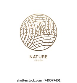 Vector logo pattern of nature elements. Linear icon of winter landscape with trees, snow, clouds, fields - business emblems, badge for a travel, farming and ecology concepts, health and yoga Center.