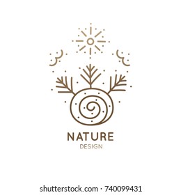 Vector logo pattern of nature elements. Linear icon of minimal landscape with trees, snow, clouds, lake - business emblems, badge for a travel, farming and ecology concepts, health and yoga Center.