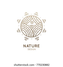 Vector logo pattern of nature elements. Linear icon of winter landscape with fields, snow, clouds, sun - business emblems, badge for a travel, farming and ecology concepts, health and yoga Center.