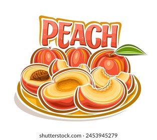 Vector logo for Peach, decorative horizontal poster with outline illustration of orange peaches composition with green leaf, cartoon design fruity print with raw yellow peach flesh on white background