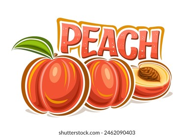 Vector logo for Peach, decorative horizontal poster with outline illustration of ripe peaches composition with green leaf, cartoon design fruity print with raw yellow peach pulp on white background