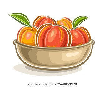 Vector logo for Peach, decorative horizontal poster with outline illustration of peach composition with green leaves, cartoon design fruity print with raw juicy peaches in bowl on white background