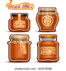 Vector logo Peach Jam in glass Jars with paper cover lid, rustic Pot home made peach jams, twine rope bow, set homemade fruit jam jar, farm jelly pot with label, checkered cloth cap, isolated on white