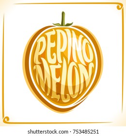 Vector logo for Pepino Melon, label with one fruit for package of fresh juice or ice cream, price tag with original font for words pepino melon inscribed in fruit shape, sticker for vegan store.