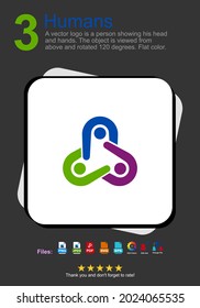 A vector logo is a person showing his head and hands. The object is viewed from above and rotated 120 degrees. Flat color.