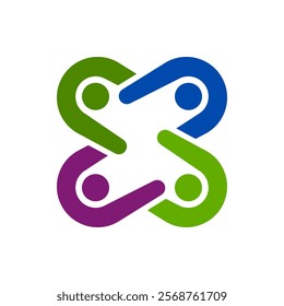 A vector logo is a person showing his head and hands. 4 objects is viewed from above and rotated 90 degrees. Flat color.