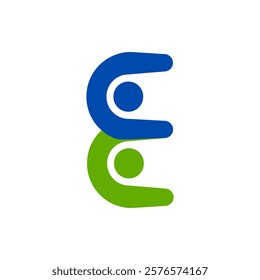 Vector logo is a person showing his head and hands. 2 people in the shape of the letter E. Flat color.