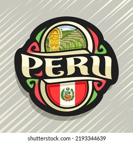 Vektor-Logo für Peru-Land, Kühlschrankmagnet mit peruanischer Staatsflagge, originale Pinseltypie für Wort-Peru-Symbole und nationale peruanische Symbole - alte Stadt Machu Picchu und goldener Messertumor