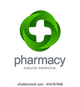 Vector logo pharmacy. Green cross from the leaves. Eco, bio, organic emblem
