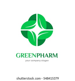 Vector logo pharmacy. Green cross from the leaves. Eco, bio, organic emblem.
