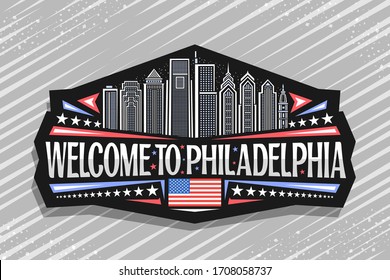 Vector logo for Philadelphia, black decorative sticker with line illustration of modern philadelphia city scape, art design tourist fridge magnet with unique letters for words welcome to philadelphia.