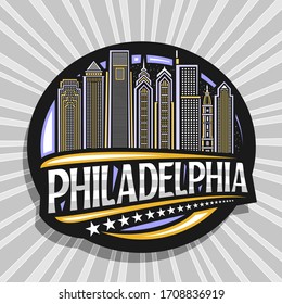 Vector logo for Philadelphia, black decorative circle badge with line illustration of modern philadelphia city scape on sky background, tourist fridge magnet with unique letters for word philadelphia.