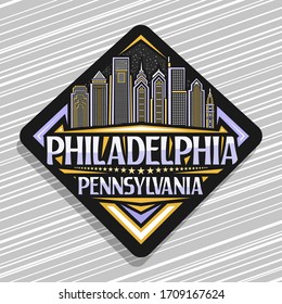 Vector logo for Philadelphia, black rhombus badge with line illustration of contemporary philadelphia city scape, design tourist fridge magnet with unique letters for words philadelphia, pennsylvania.