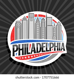 Vector logo for Philadelphia, white decorative round tag with line illustration of contemporary philadelphia cityscape, tourist fridge magnet with creative unique letters for black word philadelphia.