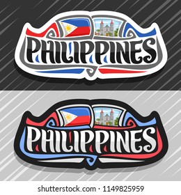 Vector logo for Philippines country, fridge magnet with filipino state flag, original brush typeface for word philippines and national filipino symbol - Molo church in Iloilo on cloudy sky background.
