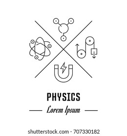 Vector logo physics. Emblem, label or banner for physics. Line sign with elements. Concept brand.
