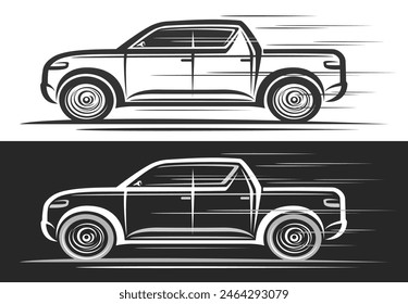 Logotipo de Vector para la camioneta, Anuncio decorativo automotriz con ilustración de contorno simple de arte de línea monocromo elegante camioneta en movimiento, funcionando camioneta de lujo sobre fondo blanco y negro