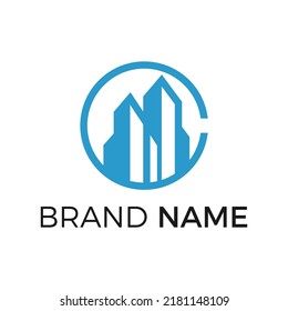 vector logo pictorial monogram of a bunch of buildings in a circle