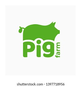 Vector logo for pig farm. Green symbol with sow for swine-breeding. Sign for livestock farming, butcher shop. Label for pork, food from meat. Icon with piggy for animal husbandry. Identity for ranch.