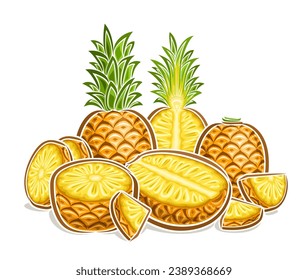 Logo vector para piña, afiche horizontal decorativo con ilustración de contorno de composición de piña jugosa, diseño de dibujos animados impresión frugal con muchas partes crudas de piña picada sobre fondo blanco