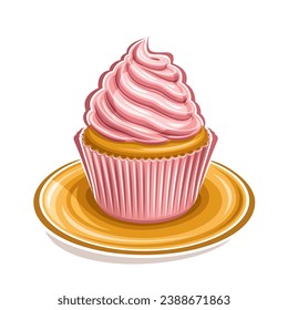 Vector logo for Pink Cupcake, square poster with illustration of fruit cupcake packed in pink suit with twisted rose cream for cafe menu, mini wedding cupcake on saucer, isolated on white background