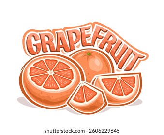 Vector logo for Pink Grapefruit, horizontal decorative poster with refreshing grapefruit composition, group of chopped pink fruity parts and unique lettering for text grapefruit on white background