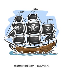 Vector logo of pirate cartoon sailing ship, side view.