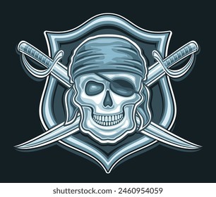 Logo de Vector para la calavera pirata, cartel decorativo con ilustración de la calavera pirata sonriente malvada en bandana azul y espada cruzada para el equipo de deportes, mascota para niños fiesta pirata sobre fondo negro