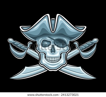 Vector logo for Pirate Skull, decorative label with illustration of wicked smiling pirate skull in old cap and crossed swords for esport team, creative mascot for kids pirate party on black background