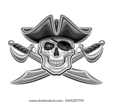 Vector logo for Pirate Skull, decorative badge with illustration of horrible pirate skull in old sea hat and crossed swords for e-sport team, vintage mascot for kids pirate party on white background