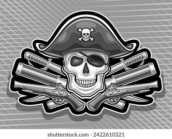 Vector logo for Pirate Skull, horizontal poster with illustration of smiling skull in sea hat and pirate eyepatch, decorative label with art design pirate skull for children party on grey background