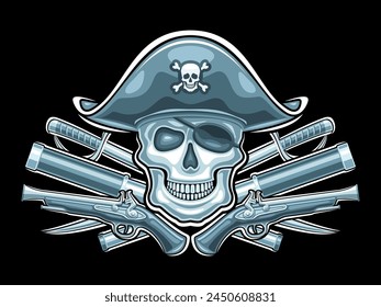 Logo de Vector para la calavera pirata, tarjeta monocromática con ilustración de la calavera de vista frontal en sombrero viejo y armas piratas, símbolo pirata decorativo con calavera de diseño de arte para fiesta de niños sobre fondo negro