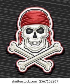 Vector logo for Pirate Skull, poster with illustration of skull in old red bandana and crossed bones, decorative badge with vintage art design skull for motorbike decor on black striped background