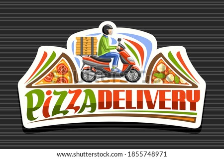 Vector logo for Pizza Delivery, white sticker with illustration of boy in helmet on red motorcycle with pizza boxes, decorative signboard for pizzeria with unique lettering for words pizza delivery.
